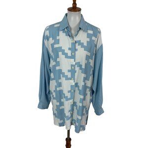 Tobria‎ Button Down Shirt 8 Blue Rayon Long Sleeve Blouse Boho Retro